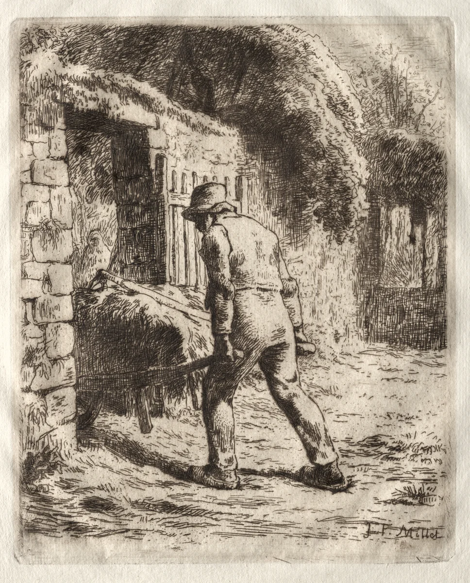 Peasant with a Wheelbarrow by Jean-François Millet, print, 1855