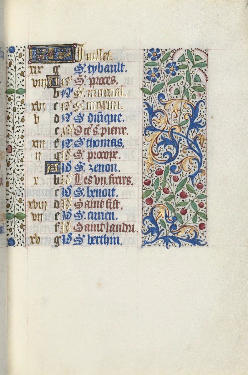 Book of Hours (Use of Rouen): fol. 7r, Calendar Page for July by Master of the Geneva Latini, book, 1465-1475