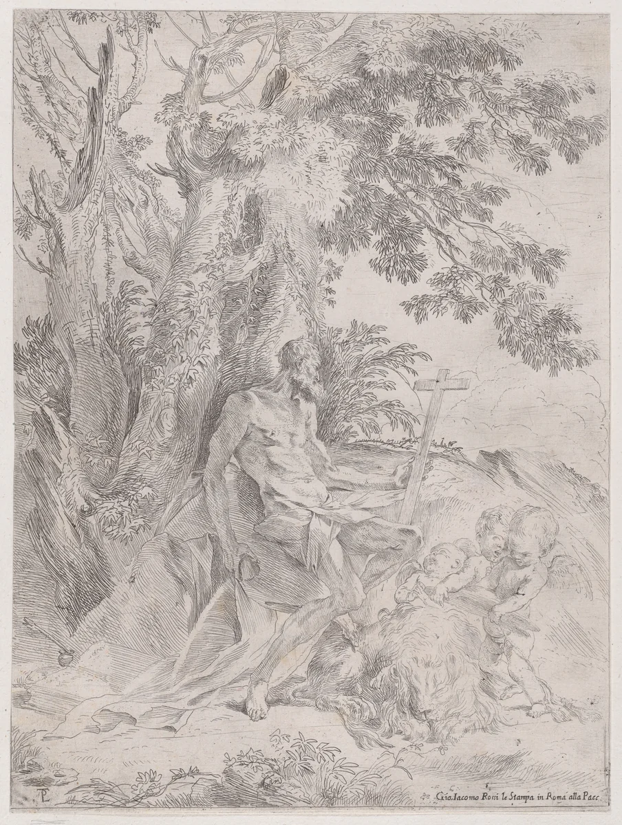Saint Jerome before a crucifix accompanied by a lion and three putti by Pietro Testa, print, 1600-1650