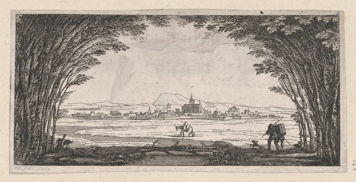 View of a town with man and dog by P. Benoist, print, 1700-1800