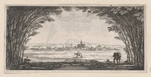 View of a town with man and dog by P. Benoist, print, 1700-1800