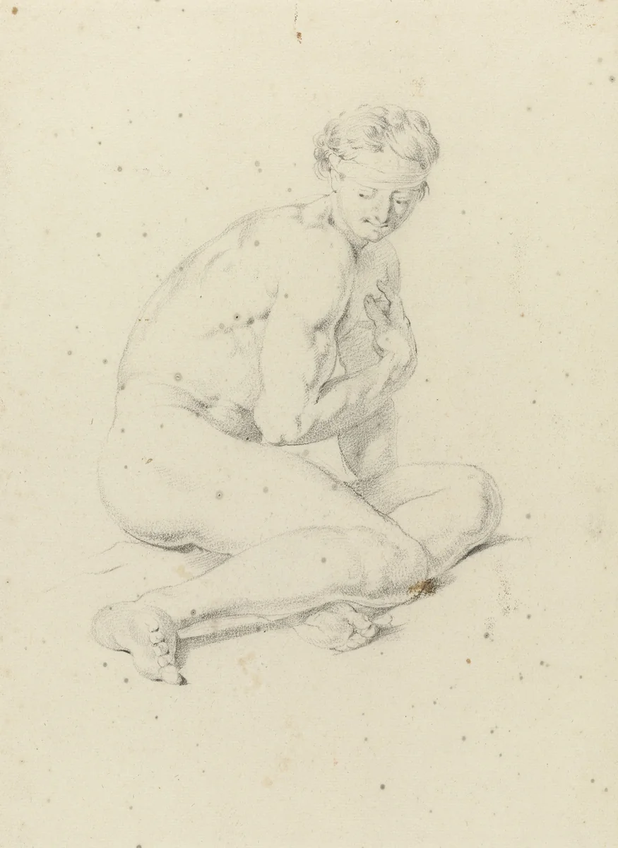 Zittend mannelijk naakt, leunend op een arm by Jan Hoogsaat, drawing, 1664-1730