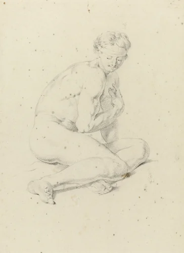 Zittend mannelijk naakt, leunend op een arm by Jan Hoogsaat, drawing, 1664-1730