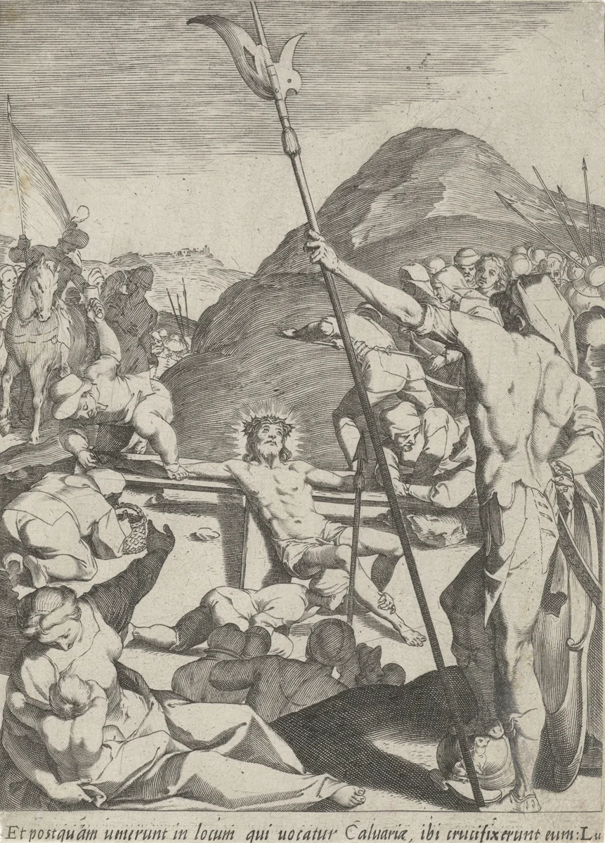 Christus wordt aan het kruis genageld by Pieter de Jode, print, 1590-1632