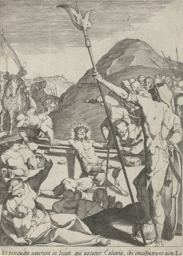 Christus wordt aan het kruis genageld by Pieter de Jode, print, 1590-1632