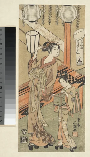 Courtesan and Attendant with a Cage of Fireflies by Ippitsusai Bunchō (一筆齊文調), print, 1760-1780