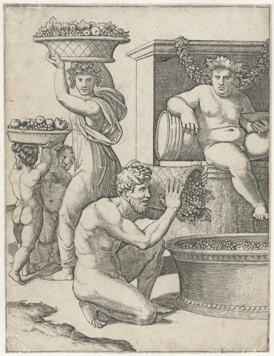 Bacchus kijkt toe hoe een man en vrouw en twee kinderen manden met druiven dragen voor de bereiding van wijn by Marcantonio Raimondi, print, 1517-1520