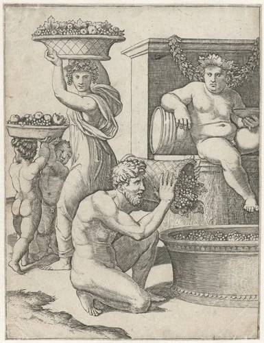 Bacchus kijkt toe hoe een man en vrouw en twee kinderen manden met druiven dragen voor de bereiding van wijn by Marcantonio Raimondi, print, 1517-1520