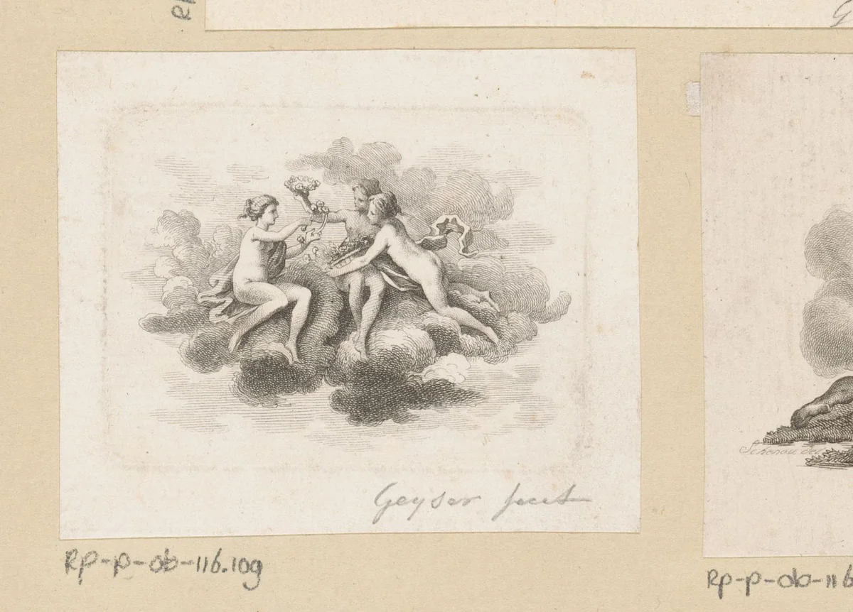 Drie gratiën maken rozenkransen in de wolken by Christian Gottlieb Geyser, print, 1752-1803