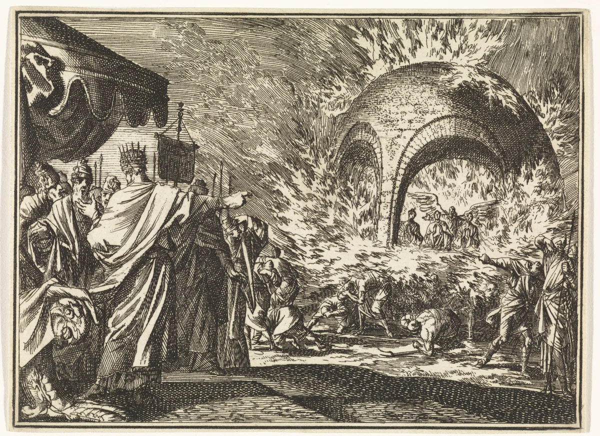 Nebukadnezar ziet vier personen in de vurige oven by Jan Luyken, print, 1712