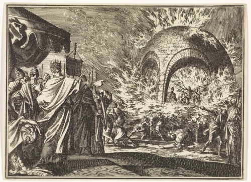 Nebukadnezar ziet vier personen in de vurige oven by Jan Luyken, print, 1712