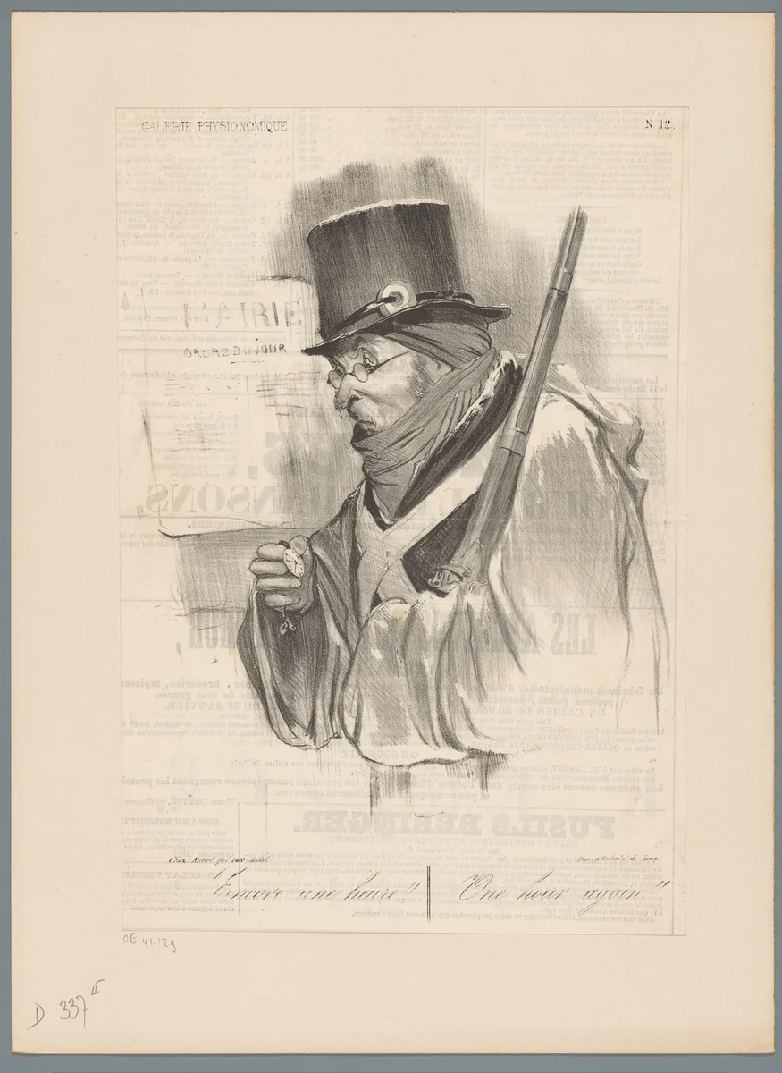 Lid van de Nationale Garde kijkt in sneeuwbui op zakhorloge by Honoré Daumier, other, 1837