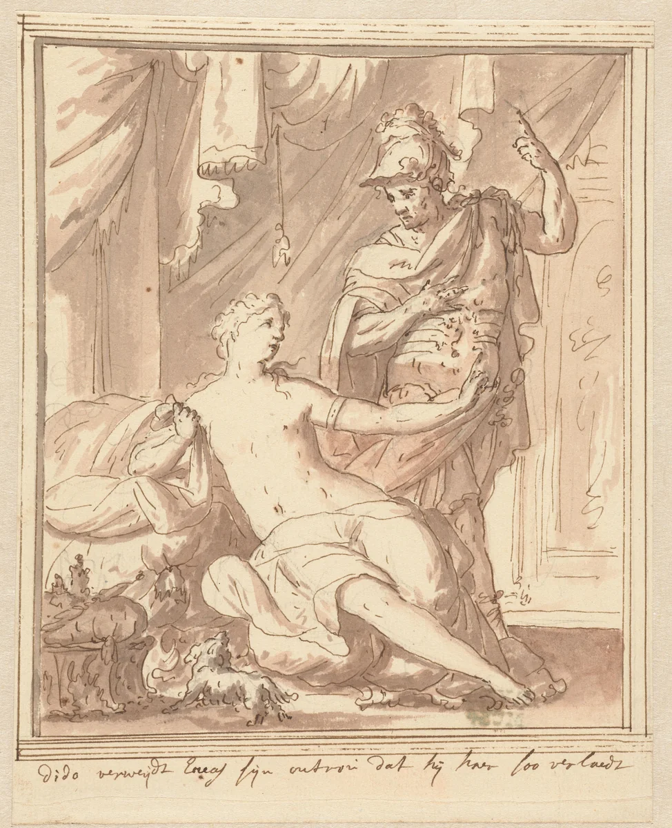 Dido verwijt Aeneas dat hij haar verlaat by Mattheus Terwesten, drawing, 1600-1604