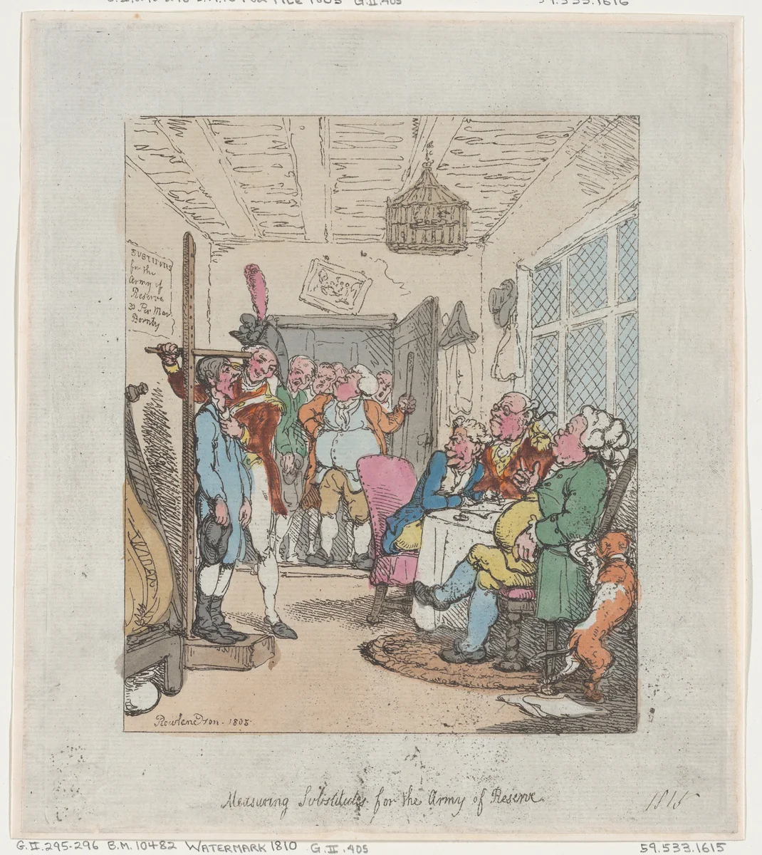 Measuring Substitutes for the Army of Reserve by Thomas Rowlandson, print, 1805