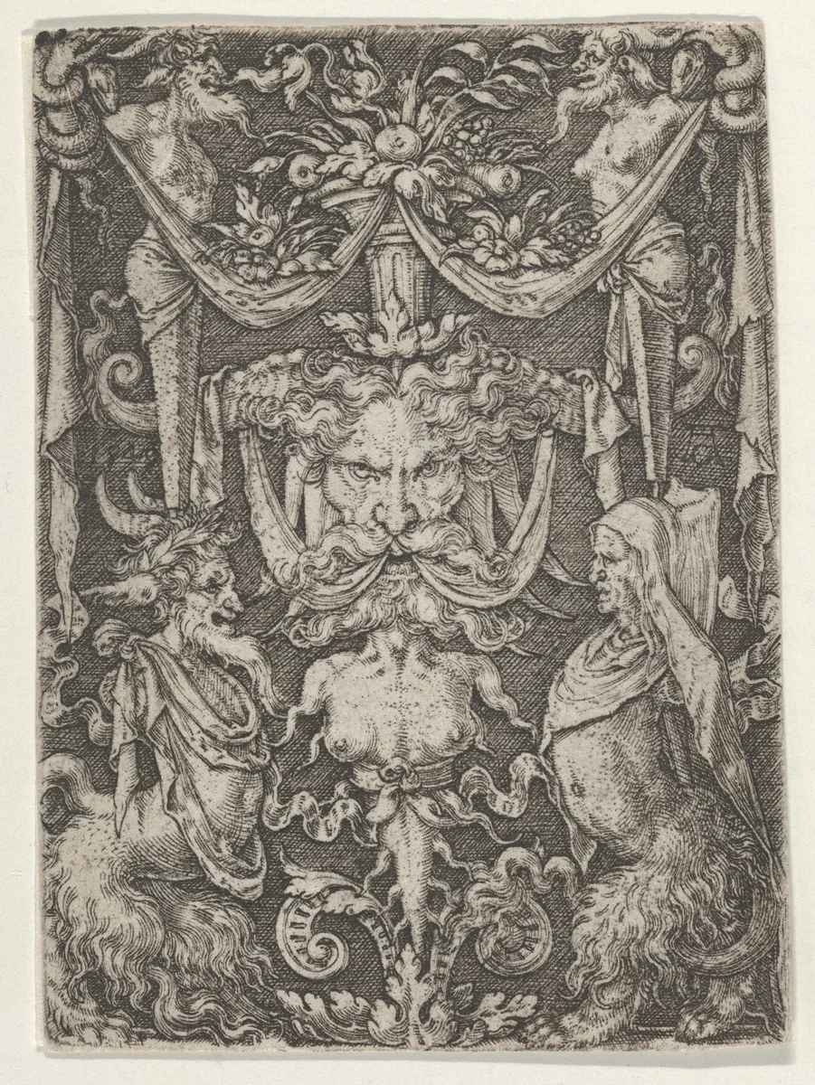 Panel with Grotesque Candelabrum Containing a Mask and Two Satyrs by Heinrich Aldegrever, print, 1549