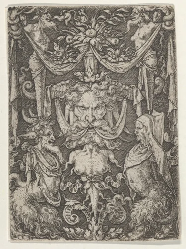 Panel with Grotesque Candelabrum Containing a Mask and Two Satyrs by Heinrich Aldegrever, print, 1549