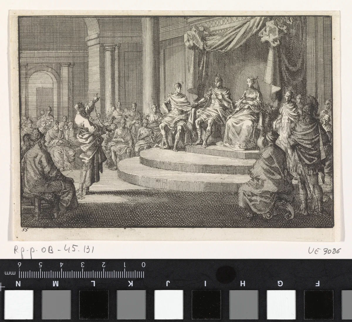 Paulus geketend voor koning Agrippa by Jan Luyken, print, 1703