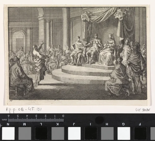 Paulus geketend voor koning Agrippa by Jan Luyken, print, 1703