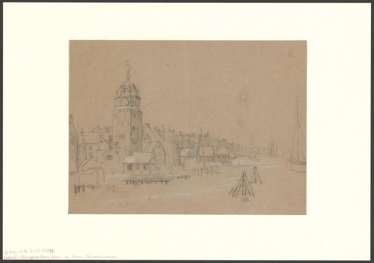 Gezicht op de Haringpakkerij en de Haringpakkerstoren by anonymous, drawing, 1750-1829