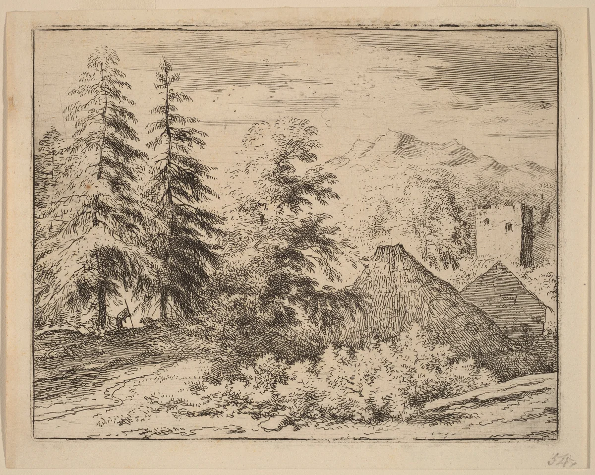 Man between Two Fir Trees by Allart van Everdingen, print, 1645-1656