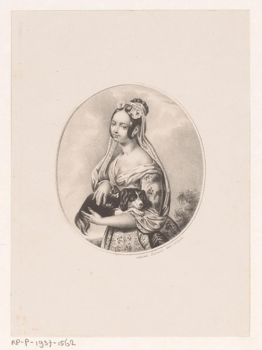 Meisje met hond in haar armen by anonymous, print, 1835-1877