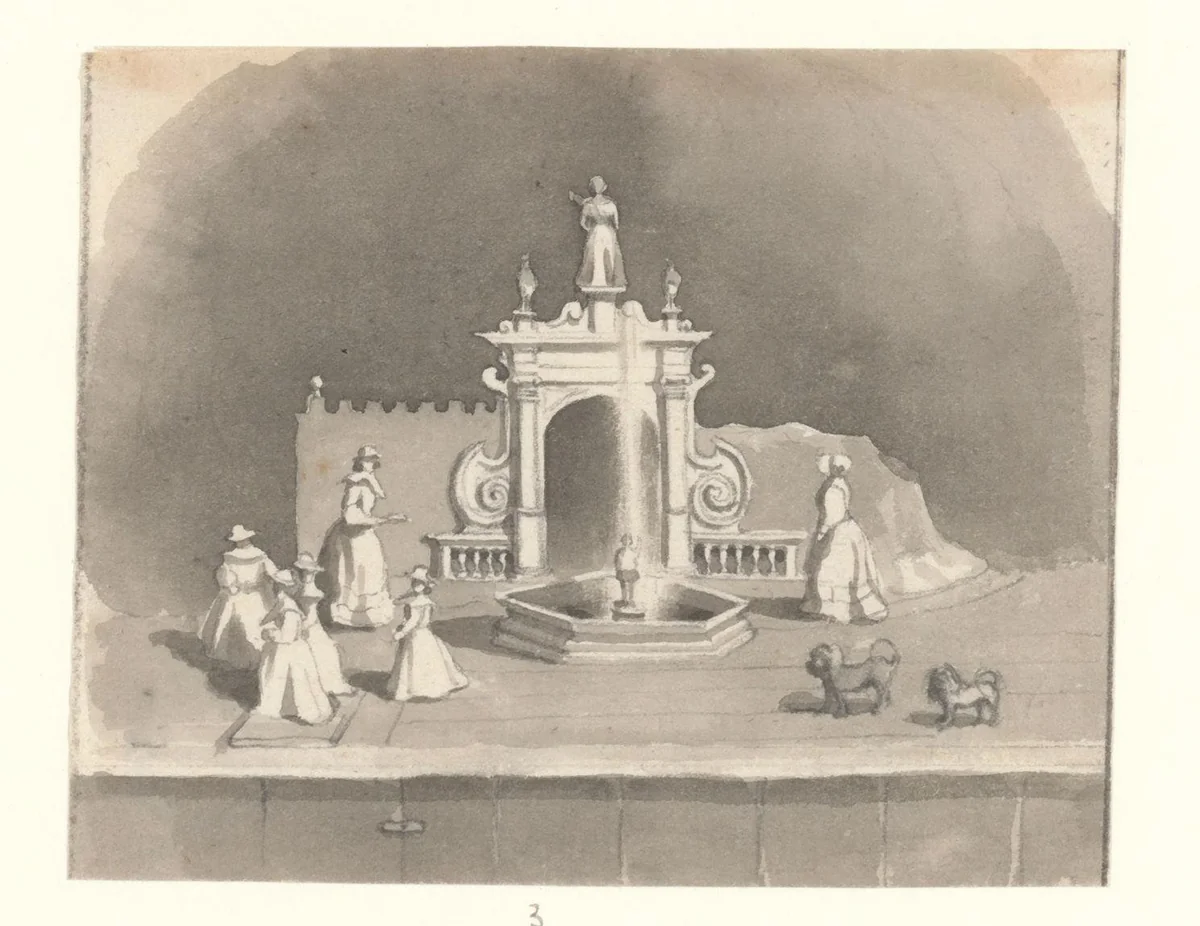 Compositie met beelden in de Beeldenzaal in het Oude Doolhof by Willem Hekking jr., drawing, 1835-1904