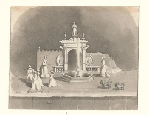 Compositie met beelden in de Beeldenzaal in het Oude Doolhof by Willem Hekking jr., drawing, 1835-1904