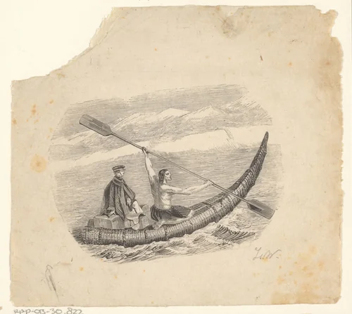 Halfnaakte man een vrouw met bagage vervoerend op een traditionele boot by Isaac Weissenbruch, print, 1836-1912