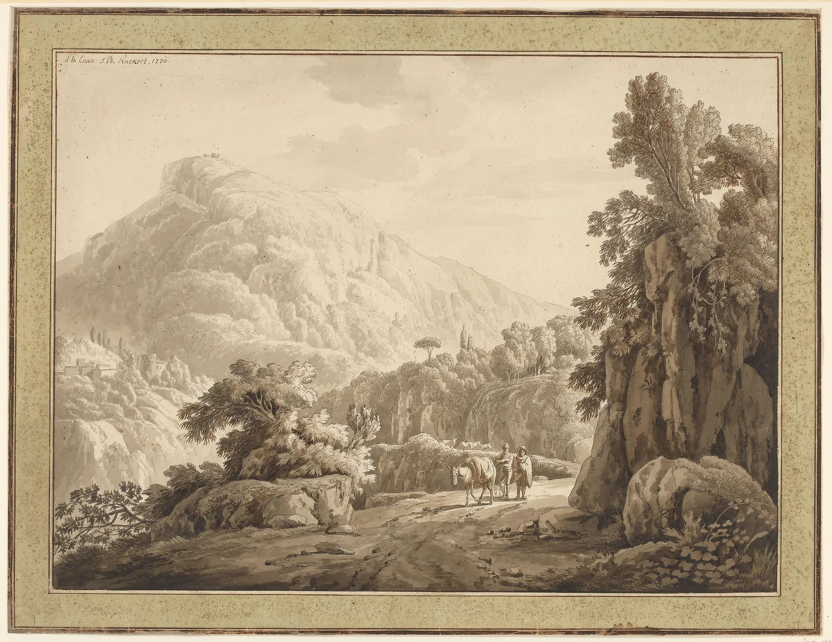 Romeins landschap met bergweg waarop twee mannen met een muilezel by Jacob Philipp Hackert, drawing, 1770
