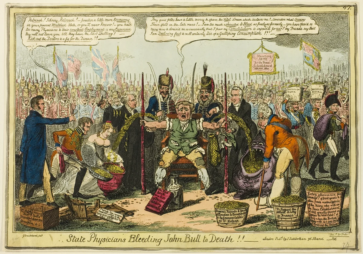 State Physicians Bleeding John Bull to Death!! by George Cruikshank, print, 1816