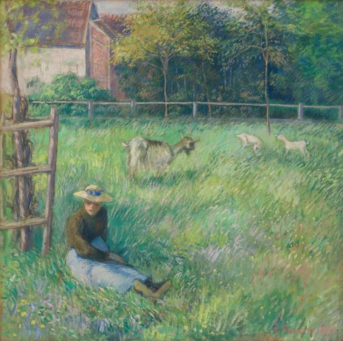 Seated Peasant Woman with Goats by Camille Pissarro, drawing, 1885