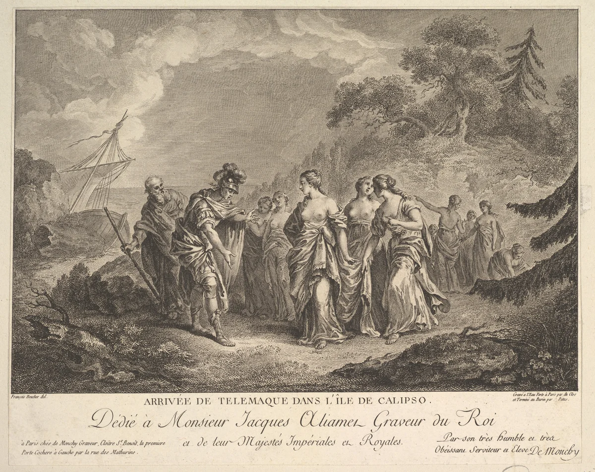 Arrival of Telemachus at the Island of Calypso by Antoine-Jean Duclos, print, 1744-1795