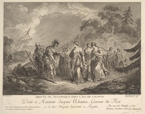 Arrival of Telemachus at the Island of Calypso by Antoine-Jean Duclos, print, 1744-1795