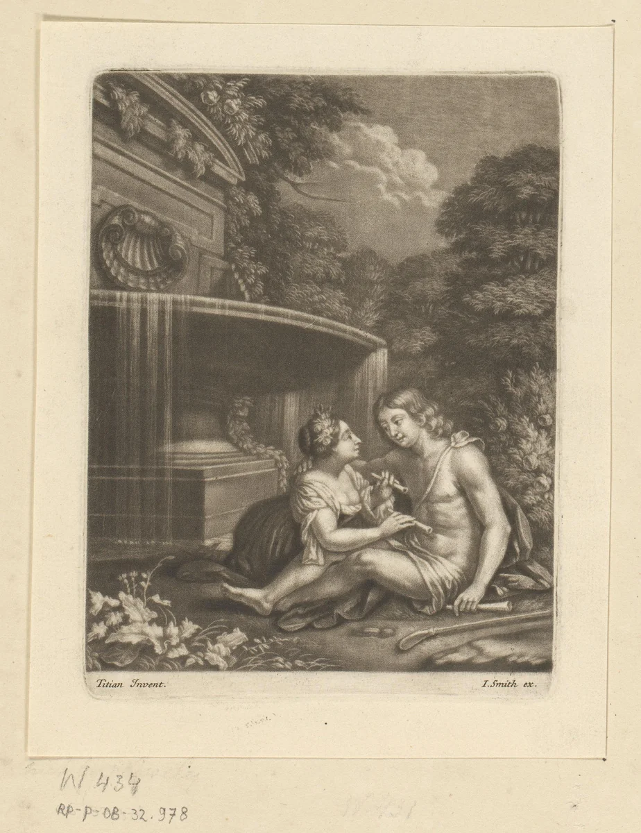 Herders met fluiten zittend bij fontein by John Smith, print, 1662-1742