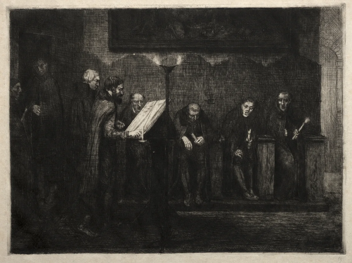 The Spanish Singers by Alphonse Legros, print, 1857-1911
