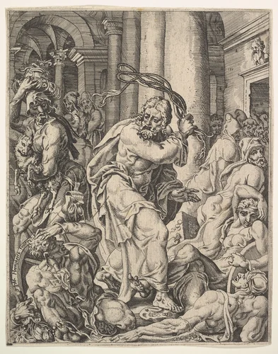 Christ Driving the Money Changers from the Temple, from "The Fall and Salvation of Mankind through the Life and Passion of Christ" by Maarten van Heemskerck, print, 1548