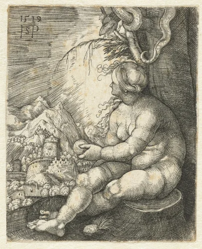 Eva zittend op boomstronk met een appel in haar hand by Unknown, print, 1519
