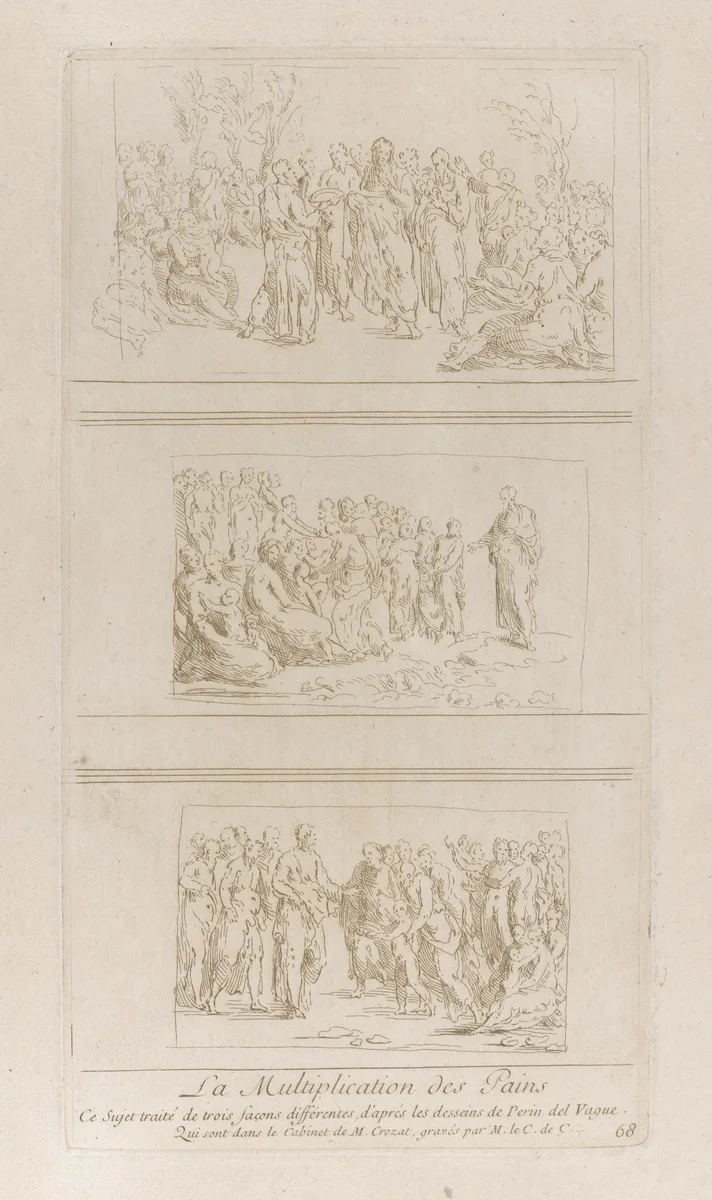 Three separate studies for the miracles of the loaves, showing Christ standing in different positions surrounded by a large crowd; from 'Recueil d'estampes d'après les plus beaux tableaux et d'après les plus beaux desseins qui sont en France, Cabinet Crozat' after drawings by Perino del Vaga by Anne Claude Philippe de Tubières, print, 1724-1744