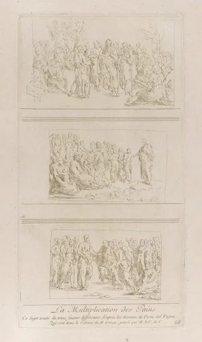 Three separate studies for the miracles of the loaves, showing Christ standing in different positions surrounded by a large crowd; from 'Recueil d'estampes d'après les plus beaux tableaux et d'après les plus beaux desseins qui sont en France, Cabinet Crozat' after drawings by Perino del Vaga by Anne Claude Philippe de Tubières, print, 1724-1744