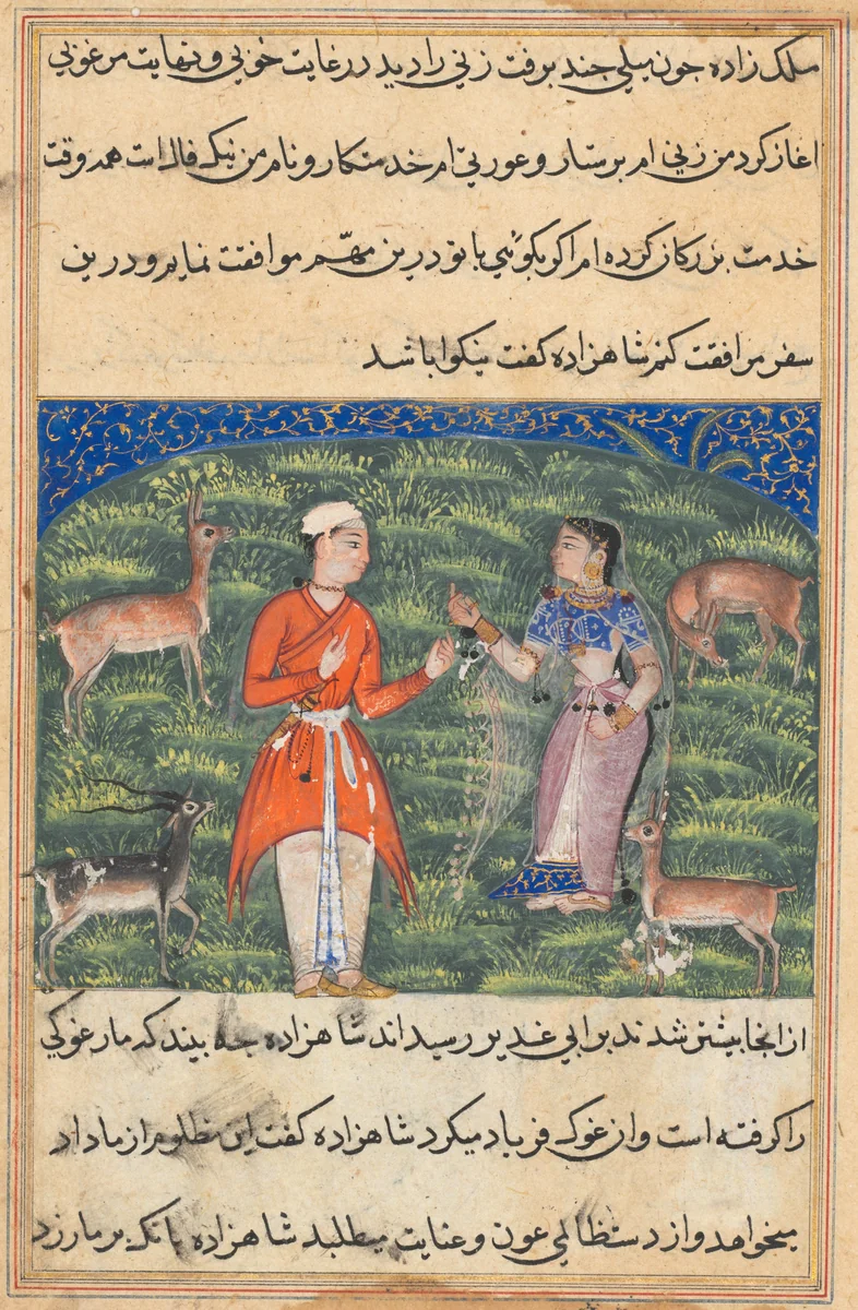 Nikfal, the fortune of the prince in the form of a woman, offers to accompany him, from a Tuti-nama (Tales of a Parrot): Eighteenth Night by Unknown, painting, 1555-1565
