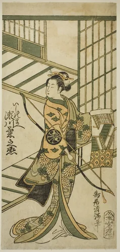 The Actor Segawa Kikunojo II as Ishi no Mae in the play "Hoshi Aikotoba Higashiyama no Sakae," performed at the Ichimura Theater in the ninth month, 1763 by Torii Kiyomitsu I, print, 1763