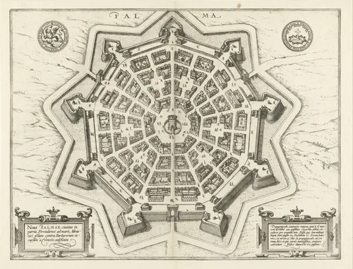 Plattegrond van Palmanova by Frans Hogenberg, print, 1598