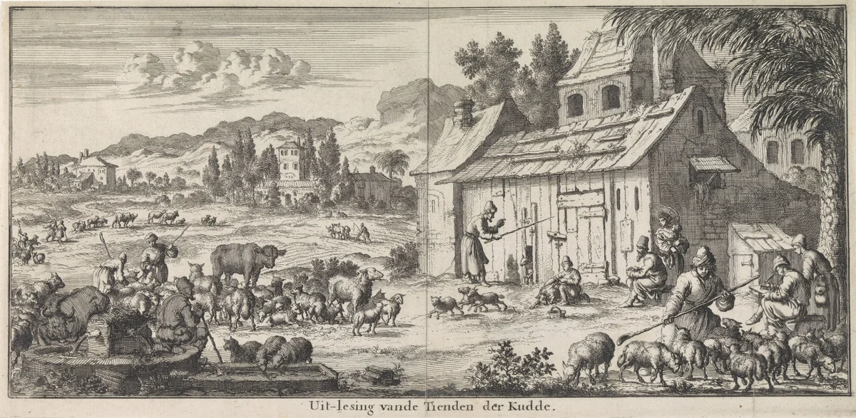 Herders staan een tiende deel van hun kudde af by Jan Luyken, print, 1683