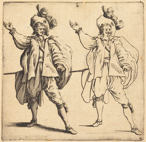 Officer with Large Plume, Front View by Jacques Callot, print, 1621-1624