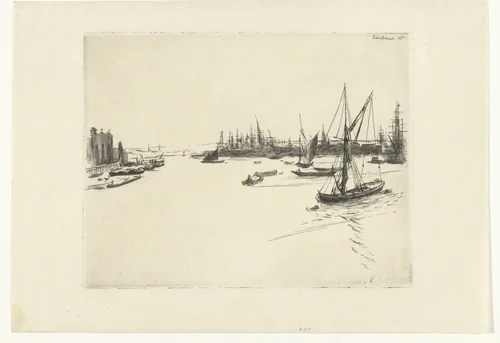 Gezicht op de Thames bij haven Limehouse in Londen by Félix Bracquemond, print, 1871