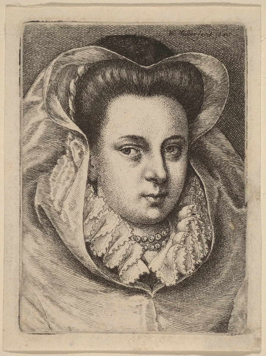 Woman with White Veil and Black Hat (Mary Stuart?) by Wenceslaus Hollar, print, 1645
