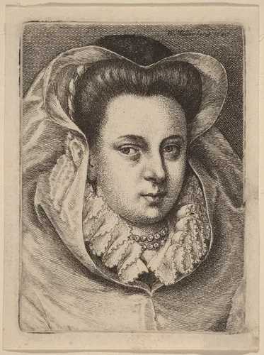 Woman with White Veil and Black Hat (Mary Stuart?) by Wenceslaus Hollar, print, 1645
