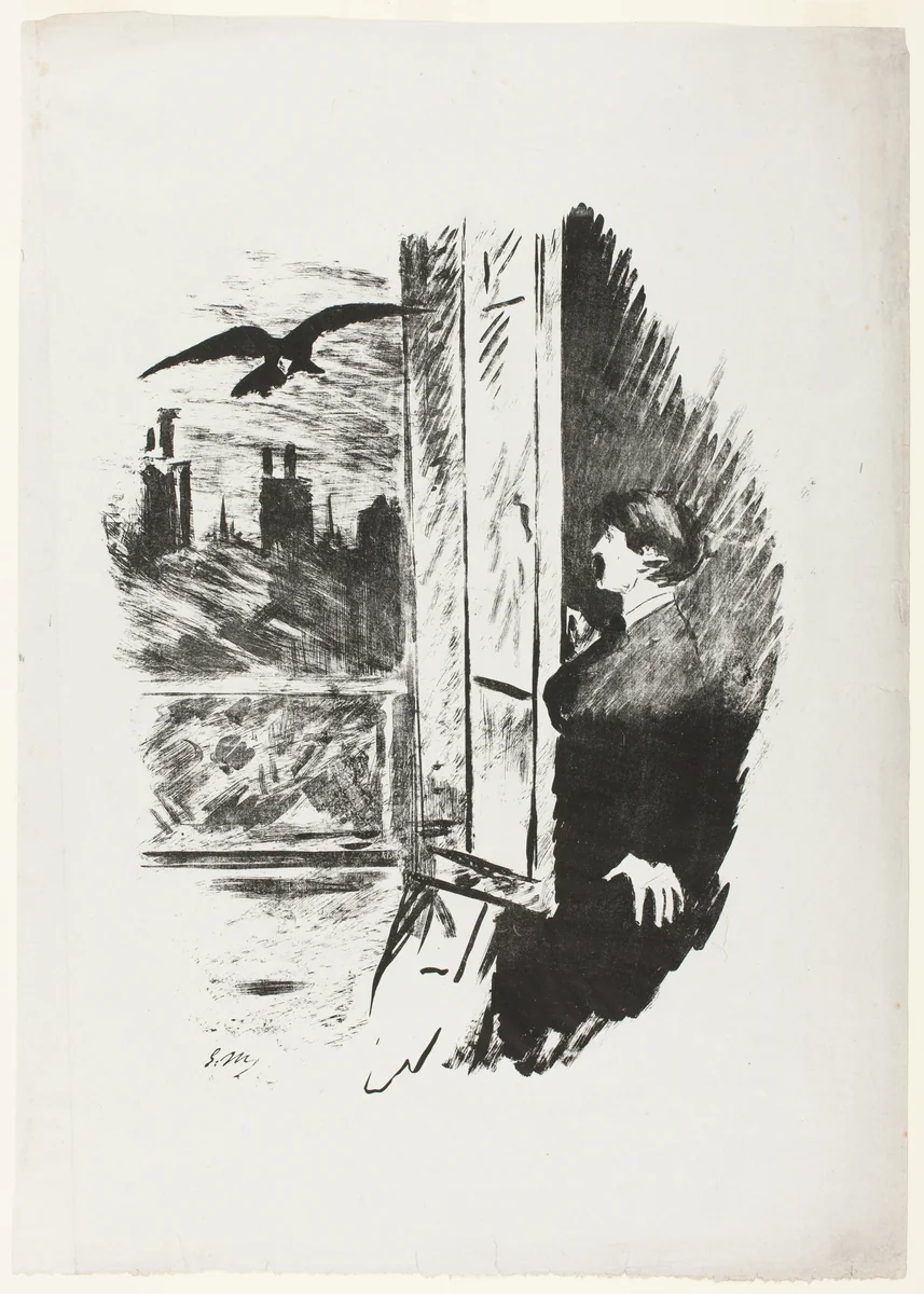 At the window ("Open here I flung the shutter..."), from The Raven (Le Corbeau) by Édouard Manet, print, 1875