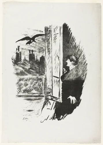 At the window ("Open here I flung the shutter..."), from The Raven (Le Corbeau) by Édouard Manet, print, 1875