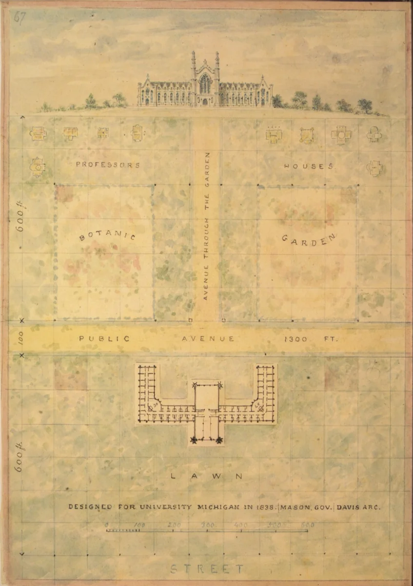 Design for University of Michigan (elevation and plan of building and grounds) by Alexander Jackson Davis, drawing, 1833-1843